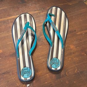 Henri Bendel Brown / White / Teal Centennial Stripe Flip Flop Thong Sandals.